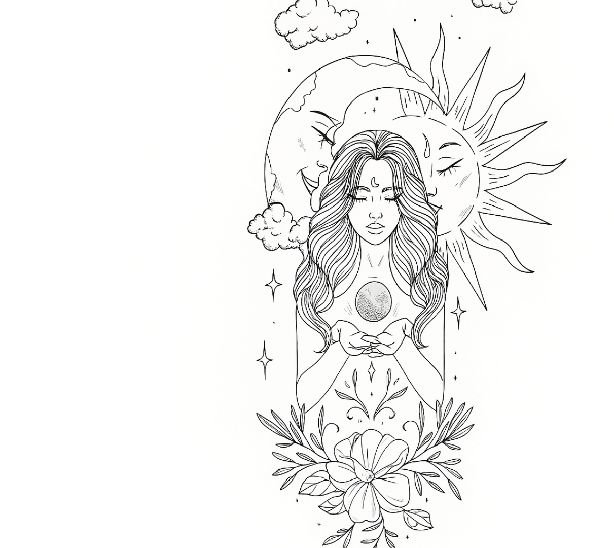 Illustratie van een vrouw tussen maan en zon, met een kristal in haar handen
